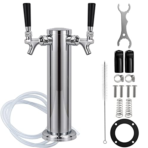 FERRODAY Kegerator Tower Dual Faucet Beer Tower Double Tap Beer Tower Dispenser Beer Tap Kegerator Parts Stainless Steel Tower Brass Faucet Stainless Core Pre-assembled Lines 3' Keg Tower Beer Keg Tap