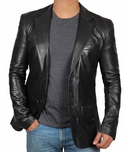 fjackets Leather Blazer for Men - Black & Brown Real Lambskin Casual Men's Leather Jacket Coats - Black Leather Blazer | [1500564], L