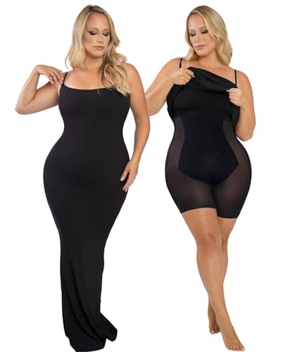 Popilush Shapewear Dress Womens Summer Long Dresses Built-in Bra Slip Bodycon Maxi Dress with Adjustable Straps Black