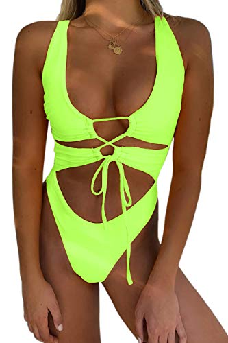 CHYRII Women's Sexy Cutout Lace Up Backless High Cut One Piece Bathing Suit Monokini Neon Green M