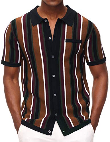 PJ PAUL JONES Mens Short Sleeve Knit Shirt Casual Stripe Lapel Collar Polo Shirt Black XL