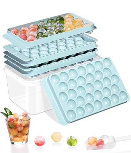 DclobTop Stackable Round Ice Cube Tray Set with Lid & Bin – Create 99PCS Round Ice Balls, Ice Trays for Freezer is Easy to Release & Sturdy– Small Pellet Ice Maker for Drinks, Coffee and Cocktails