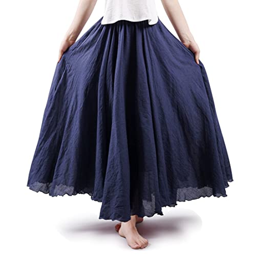 ASHER FASHION Women's Bohemian Style Elastic Waist Band Cotton Linen Long Maxi Skirt Dress (95CM, Navy Blue)