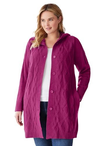 Woman Within Women's Plus Size Hooded Cable Cardigan - 2X, Raspberry Pink