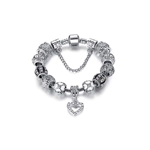 Savlano Silver Tone Heart Charm Bracelet with Crystal and Murano Glass Beads Snake Chain for Women & Girls Comes in a Gift Box