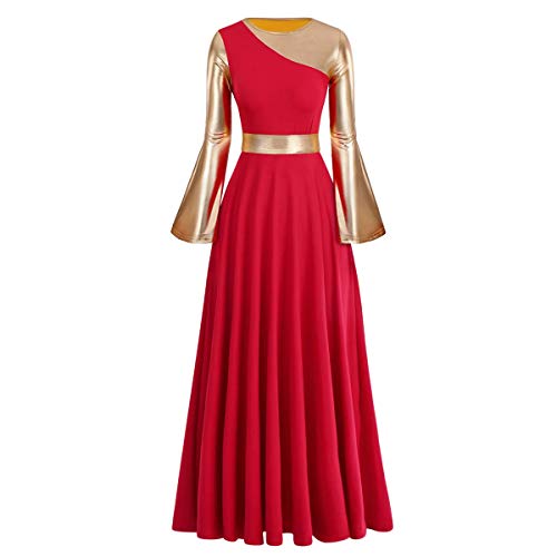 Women Metallic Bi Color Liturgical Praise Dance Dress Bell Long Sleeve Lyrical Dancewear Church Robe Worship Costume Red + Gold M