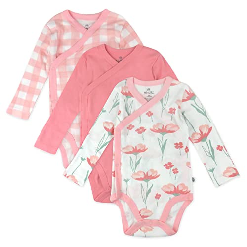 HonestBaby 3-Pack Long Sleeve Side-Snap Kimono Bodysuits Organic Cotton for Infant Baby Boys, Girls, Unisex, Strawberry Pink Floral, 0-3 Months