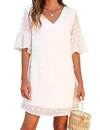 Blooming Jelly Womens White Dresses Short Sleeve V Neck Ruffle Cute Sun Dress Chiffon Flowy Shift Mini Dress（L,White）