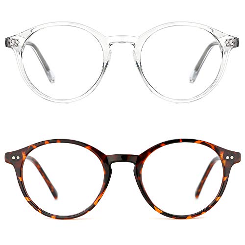 TIJN Blue Light Blocking Glasses Men Women Vintage Thick Round Rim Frame Eyeglasses(Transparent,Whiskey Tortoise)