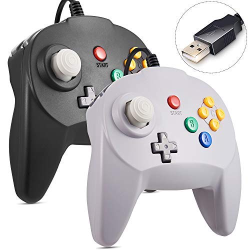 KIWITATA 2 Pack N64 Controller, Classic Mini N64 Wired USB 64-bit Upgraded Joystick Game Pad Joypad Controller for Windows PC/Mac Black & Gray