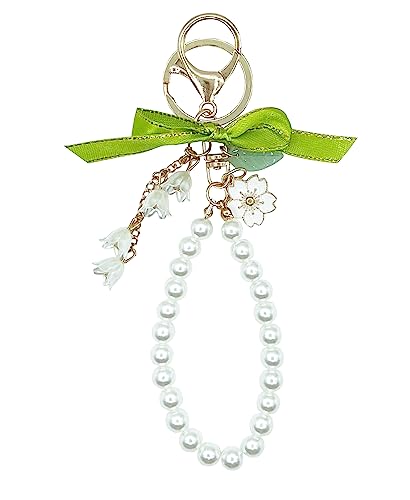 LAEKOU Lily of The Valley Flower Key Chain, Keychain for Car Keys with Pure White Bead, Key Chains Accessories for Women And Girls Gifts