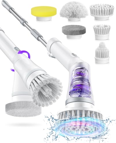 Electric Spin Scrubber, Cordless Cleaning Brush IPX7 Waterproof with 6 Replaceable Brush Heads, 2H Power Dual Speed, Shower Scrubber with Extension Handle for Bathroom Tub Tile Floor Car