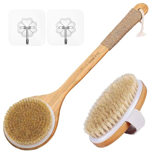 TEMEAYE Dry Brushing Body Brush Sets Wooden Handle Combined with Medium Strength Natural Bristles Gentle Exfoliator Remove Cellulite Lymphatic Drainage Makes The Skin of The Entire Body Softer