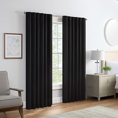 Eclipse Langley Solid Tripleweave Room Darkening Rod Pocket Window Curtains (2 Panels), 52 in x 84 in, Black