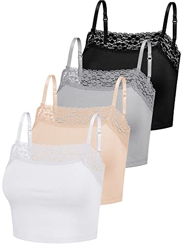 Bencailor 4 Pcs Women's Lace Camisole Spaghetti Strap Lace Bralettes Crop Tops Half Cami Top Lace Bandeau Tank Tops (Black, Gray, Beige, White, Large)