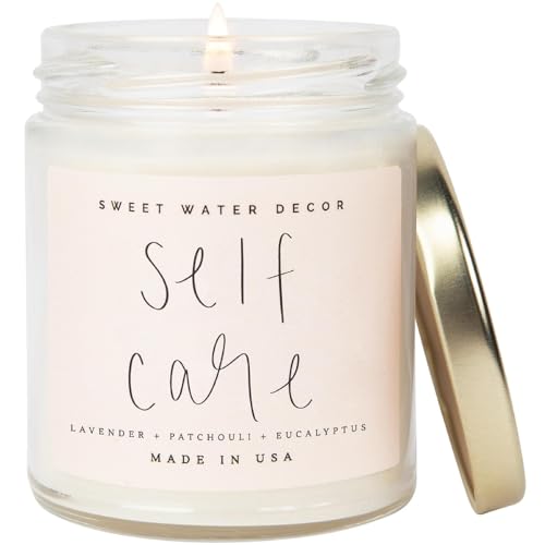 Sweet Water Decor Self Care Soy Candle - Patchouli Eucalyptus & Lavender Candles for Home - 100% Cotton Wick & Spa Scented Soy Wax Candles with 40 Hour Burn Time - 9oz Clear Jar - Made in the USA