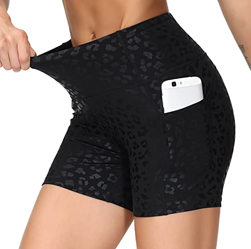 THE GYM PEOPLE High Waist Yoga Shorts for Women Tummy Control Fitness Athletic Workout Running Shorts with Deep Pockets (Medium, Black spot Leopard)