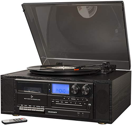 Crosley CR7010A-BK Ridgemont 3-Speed Turntable with Bluetooth, AM/FM Radio, CD Player, Cassette Deck, and Aux-in