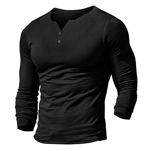 Muscle Alive Mens Long Sleeve Henleys T-Shirts Buttons Placket Plain v Neck Cotton Shirts Black Color Size M