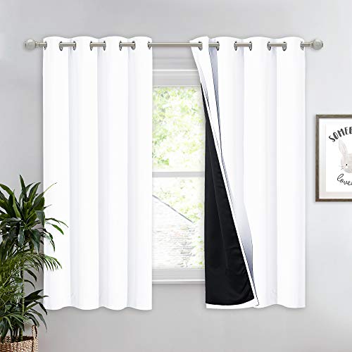 NICETOWN White 100% Blackout Lined Curtain, 2 Thick Layers Completely Blackout Window Treatment Thermal Insulated Drape for Kitchen/Bedroom (1 PC, 52 inches Width x 63 inches Length Each Panel)