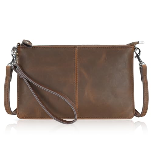 befen Vintage Brown Crazy Horse Leather Wristlet Clutch Wallet Purse Small Crossbody Bag for Women（Brown - Crazy Horse Leather）