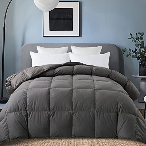 WhatsBedding All Season Feather Comforter Queen Size, Filled with Feather and Down, Luxurious Bed Comforter,100% Cotton Cover Dark Grey Medium Warmth Duvet Insert with Corner Tabs, 90x90 Inch