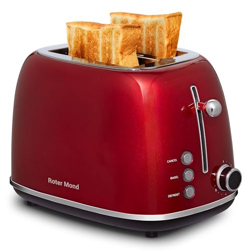 2 Slice Toaster Roter Mond Retro Stainless Steel Toaster with Bagel, Cancel, Defrost Function and 6 Bread Shade Settings Bread Toaster, Extra Wide Slot and Removable Crumb Tray, Red