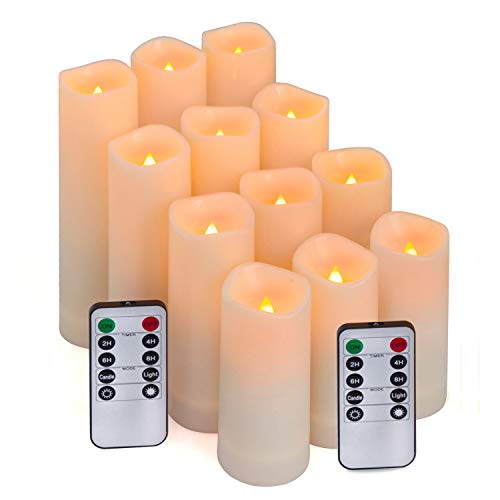 Aignis Flameless LED Candles with 10-Key Remote & Timer, Outdoor Indoor Waterproof Battery Operated Candles for Home/Birthday/Wedding/Holiday Décor, Exquisite Set of 12 (D2.2'' x H4''/5''/6''/7'')