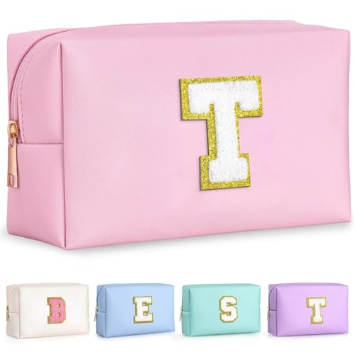 TOPEAST Preppy Stuff for Teen Girls, Initial Makeup Bag Chenille Letter Pouch Cosmetic Bag with Zipper, PU Leather Waterproof Toiletry Bag, Cute Stuff Birthday Gift For Friends Sister (Letter T)