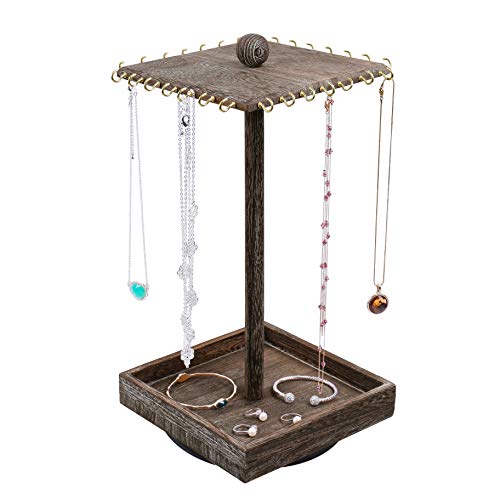 Ikee Design Wooden Rotating Jewelry Organizer, Jewelry Display Tower for Necklace & Bracelet, Rotating Necklace Holder Organizer,Jewelry Stand for Shows, Coffee Color, 7.88 W x 7.88 D x 16 H in