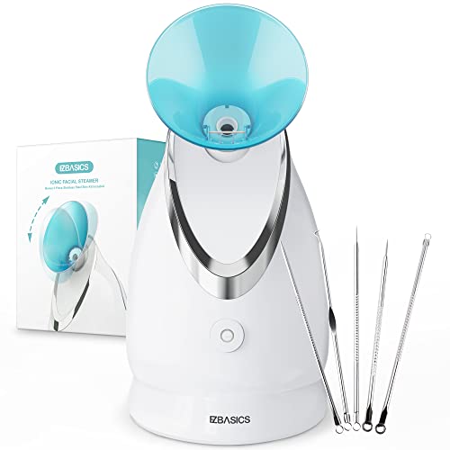 EZBASICS Facial Steamer Ionic Face Steamer for Home Facial, Warm Mist Humidifier Atomizer for Face Sauna Spa Sinuses Moisturizing, Unclogs Pores, 1 Pack + 5 Stainless Steel Skin Kit(Blue)