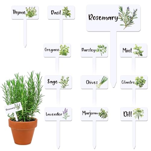JarThenaAMCS 24Pcs Acrylic Plant Label Signs 12 Styles T-Type Herb Garden Markers Waterproof Reusable Plant Stake Tags with Names for Nursery Indoor Outdoor Garden Decoration