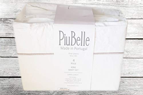 Piu Belle Piubelle White Cotton Sheet Set with 2 Pillowcases Golden Tan Embroidery at Cuff King. 4-pc set includes 2 pillowcases. Machine washable