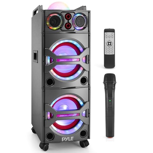 Pyle Portable Bluetooth PA Speaker System - 2000W Active powered Outdoor Bluetooth Speaker Portable PA System w/ Microphone In, Party Lights, USB SD Card Reader, AUX/RCA/FM Radio, Wheels - PSUFM1043BT