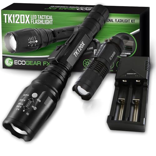 EcoGear FX Zoomable LED Tactical Flashlight Kit TK120X: 5 Light Modes, High Lumen Output, Water Resistant for Security & General Home Use - Batteries and Charger Included