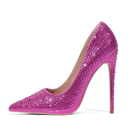 Elisabet Tang Women Pumps, Pointed Toe High Heel Glitter Rhinestone Heels Sparkly Prom Shoes Stiletto Hot Pink Rhinestone Pumps Size 7