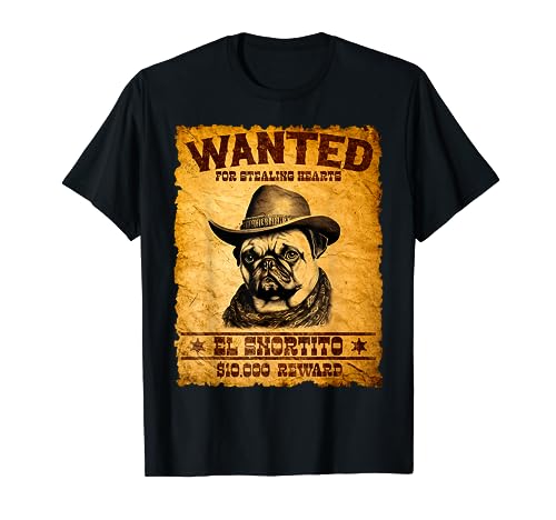 Funny Vintage Pug Wanted Poster Cute Western Cowboy Pug Dog T-Shirt