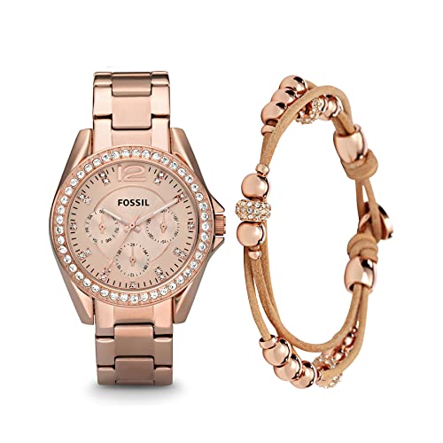 Fosil Women's Riley Stainless Steel Multifunction Glitz Quartz Watch and Beaded Bracelet