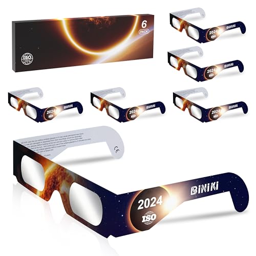 Biniki Solar Eclipse Glasses AAS Approved 2024 - CE & ISO Certified Safe Shades for Direct Sun Viewing(6 Packs)