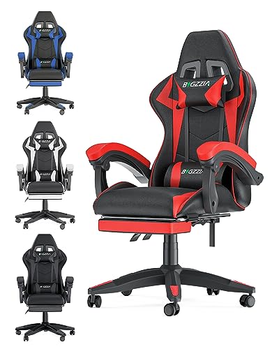 Bigzzia Gaming Chair with Footrest Office Desk Chair Ergonomic Gaming Chair PU Leather Reclining High Back Adjustable Swivel Lumbar Support Racing Style E-Sports Video Gamer Chairs (Black/Red)