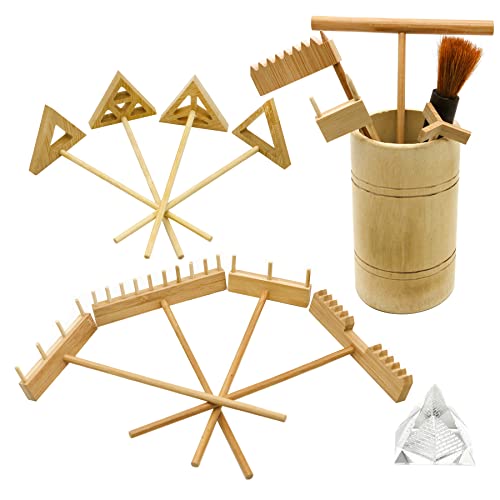 Zen Garden Rake Tool Kit - Miniature Tabletop Japanese Rock Sand Zen Garden Accessories Mini Bamboo Sand Stamp Rakes for Zen Pattern with Holder Crystal Pyramid Meditation Stress Relief Zen Gifts