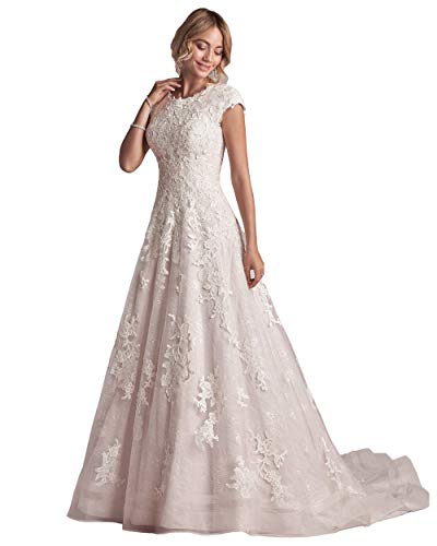 Miao Duo Elegant Lace Wedding Dresses A Line Jewel Neck Cap Sleeve Wedding Gowns for Bride Ivory 16