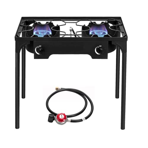 Bonnlo 2 Burner Outdoor Portable Propane Stove Gas Cooker, Heavy Duty Iron Cast Patio Burner with Detachable Stand Legs for Camp Cooking (2-Burner 150,000-BTU)