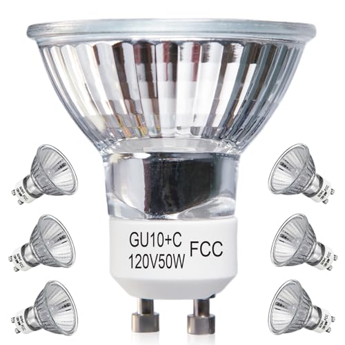 Elenhome GU10 Halogen Light Bulbs, 6 Pack 120V 50W Dimmable MR16 GU10+C Halogen Light Bulbs with Glass Cover, 2700K Warm White Scent Wax Burner Light Bulb & Recessed Light Bulbs for Candle Warmer Lamp