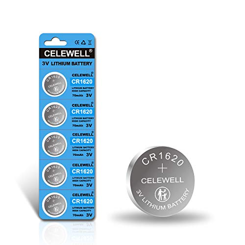 CELEWELL CR1620 5 Pack for Key Fob Tracker 70mAh 3V Lithium Battery 【5-Year Warranty】