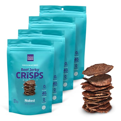 People's Choice Beef Jerky - Jerky Crisps - Naked - Three Ingredients - Beef, Water, Sea Salt - Sugar Free, Zero Carb, Gluten Free, Keto Friendly, Carnivore Diet, 40g Protein per Package - Thin, Crispy, Crunchy - 1.8 OZ (4 Pack)