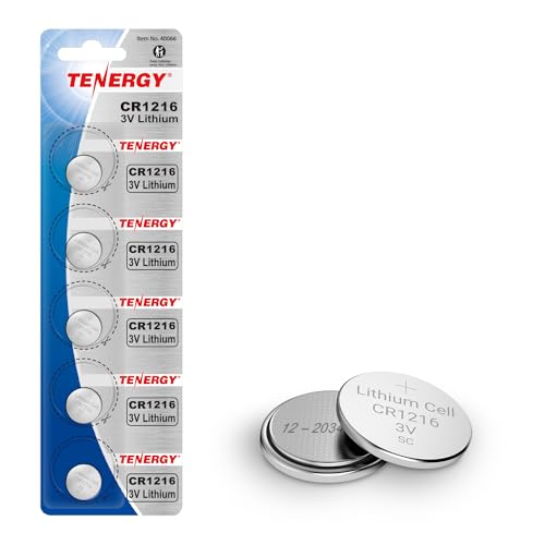 Tenergy CR1216 3V Lithium Button Cell Battery, for Watches, Mini LED Lights, Forehead Thermometers, 5 Pack