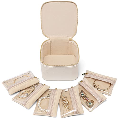 Vlando Small Jewelry Box Organizer,Travel Jewelry Storage with 6 Velvet Jewelry Zipper Pockets,Premium Petal Hardware Jewelry Case for Women Girls Mothers Day Gifts for Self (White)