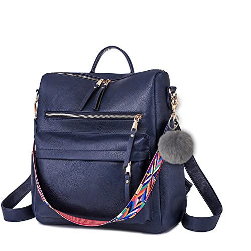 ROOSALANCE Leather Women Backpack Purse Fashion Large Multipurpose Convertible Designer Ladies Shoulder Bag Handbag Navy Blue