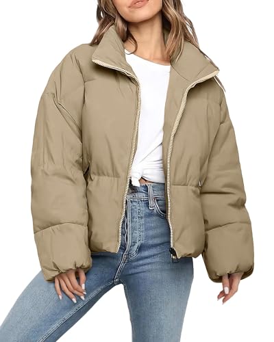 Polu Women's Winter Cropped Puffer Jacket Oversized Long Sleeve Full Zip Puffy Coat Warm Quilted Jacket with Pockets(Khaki,L)